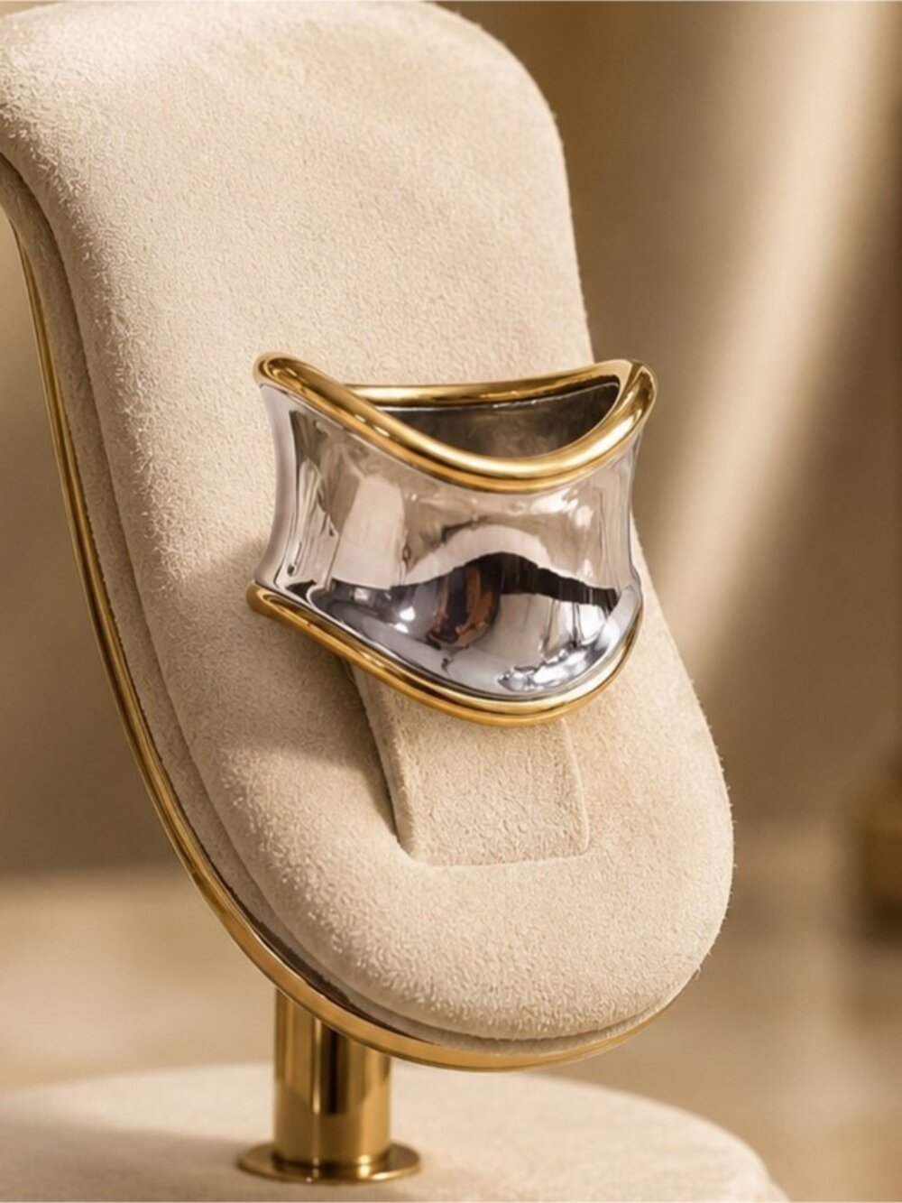 Two-Tone Curved Statement Ring in Silver and Gold tones